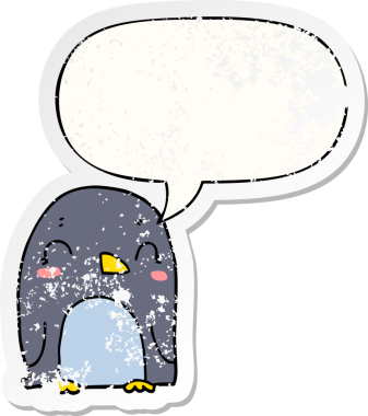 Konuşma baloncuğu olan karikatür pengueni bir insan tarafından çizilmiş sıkıntılı eski bir çıkartma
