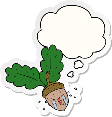 çizgi film ağlayan meşe palamudu. Düşünce baloncuğu insan tarafından çizilmiş bir çıkartma.