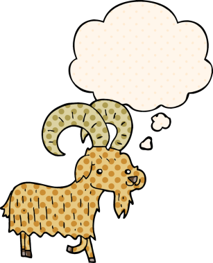 Çizgi roman tarzında bir insan tarafından çizilmiş düşünce balonlu bir keçi.