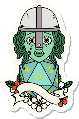 Bir insan tarafından çizilmiş 20 zarlı yarı ork savaşçı karakterinin çıkartması.