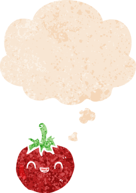 Düşünce baloncuğu ve grunge ile sevimli çizgi film domatesi bir insan tarafından çizilmiş sıkıntılı retro dokuma tarzı