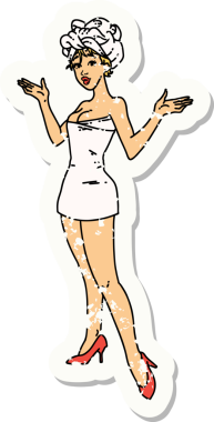 Bir insan tarafından çizilmiş havlulu posterli bir kızın geleneksel stil dövmesi.