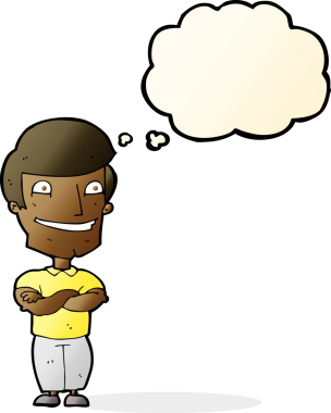 Bir insan tarafından çizilmiş düşünce baloncuğu ile sırıtan çizgi film adamı.