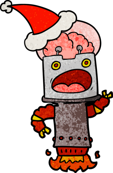 Bir insan tarafından çizilmiş Noel Baba şapkası giyen bir robotun el çizimi karikatürü.