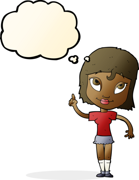 Bir insan tarafından çizilmiş düşünce baloncuğu fikri olan karikatür kadın.