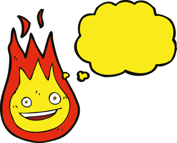 Bir insan tarafından çizilmiş düşünce baloncuklu çizgi film arkadaşı alev topu.