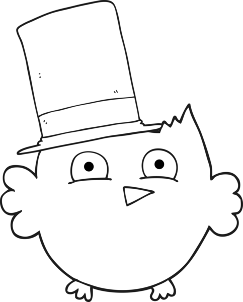 Bir insan tarafından çizilmiş silindir şapkalı siyah beyaz bir baykuş.