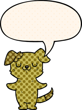 Bir insan tarafından çizilmiş çizgi roman tarzında konuşma baloncuğu olan bir yavru köpek.