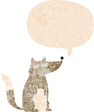 Konuşma baloncuğu olan bir karikatür kurdu, bir insan tarafından çizilmiş, sıkıntılı eski moda bir stil.