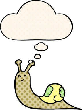 Çizgi roman tarzında bir insan tarafından çizilmiş düşünce baloncuğu olan sevimli çizgi film salyangozu.