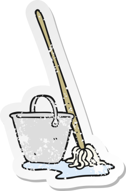 Bir insan tarafından çizilmiş karikatür paspas ve kovanın geriletilmiş yapıştırması.