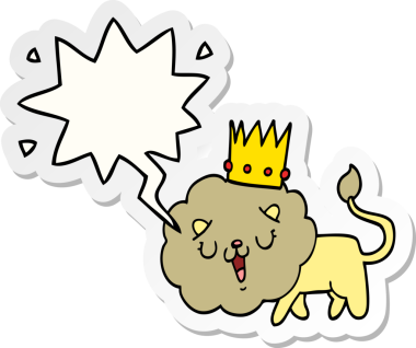 Bir insan tarafından çizilmiş konuşma kabarcığı etiketli, taçlı çizgi film aslanı.