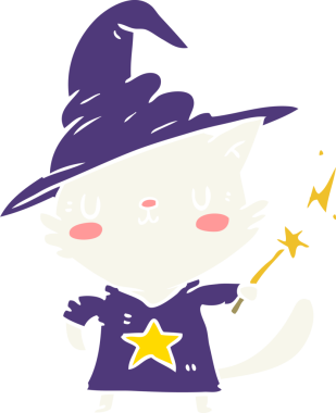 Bir insan tarafından çizilmiş düz renk çizgi film kedi sihirbazı