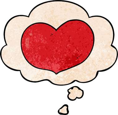 insan tarafindan çizilmis grunge dokuma tarzinda dusunce baloncuklari olan karikatür ask kalbi.