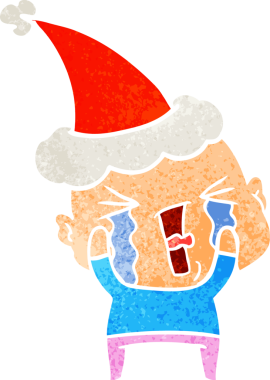 Ağlayan ve Noel Baba şapkası takan kel bir adamın insan tarafından çizilmiş eski bir karikatürü.