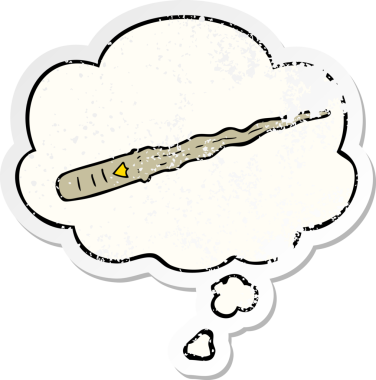 Düşünce baloncuklu çizgi film sihirli değneği bir insan tarafından çizilmiş yıpranmış bir çıkartma gibi.