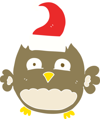 Bir insan tarafından çizilmiş Noel şapkası takan baykuşun düz renk çizimi