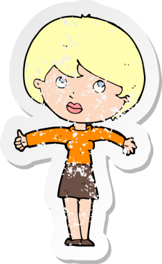 Bir insan tarafından çizilen başparmağını kaldıran karikatürist bir kadının gerilimli retro çıkartması.