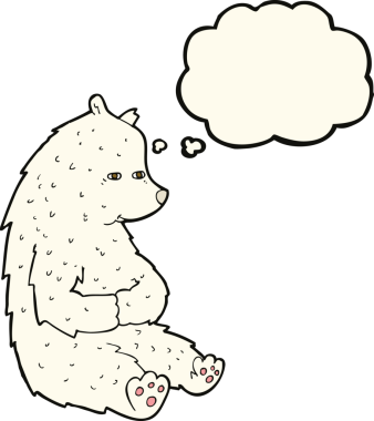 Bir insan tarafından çizilmiş düşünce baloncuklu şirin kutup ayısı.