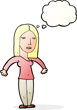 Bir insan tarafından çizilmiş düşünce baloncuğuyla rahatsız bir kadın.