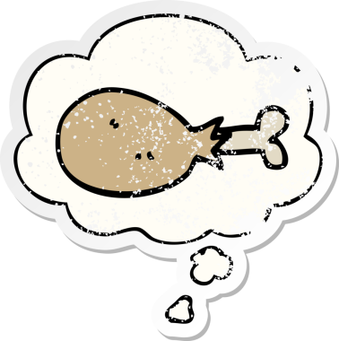 Düşünce baloncuğuyla pişirilmiş tavuk budu insan tarafından çizilmiş yıpranmış bir çıkartma gibi.