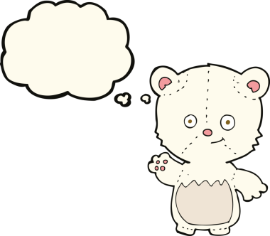 Karikatür kutup ayısı bir insan tarafından çizilmiş düşünce baloncuğuyla el sallıyor.