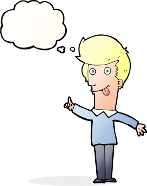 Bir insan tarafından çizilmiş düşünce baloncuğu fikri olan komik bir adam.