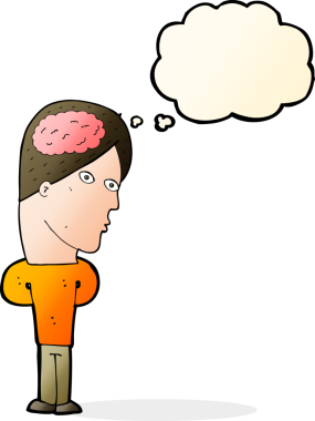 Düşünce baloncuğu insan tarafından çizilmiş büyük beyinli çizgi film adamı.