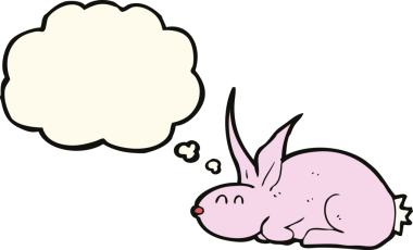 Bir insan tarafından çizilmiş düşünce kabarcığı olan çizgi film tavşanı.
