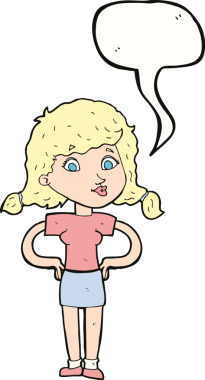 Bir insan tarafından çizilmiş, ellerinde konuşma balonu olan güzel bir kız.