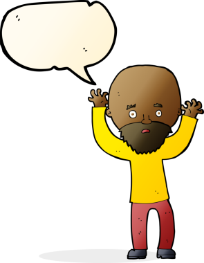 Karikatür sakallı adam bir insan tarafından çizilmiş konuşma balonuyla panikliyor.