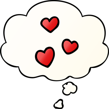 insan tarafindan çizilmis, dusunce baloncuguyla karikatür ask kalbi.