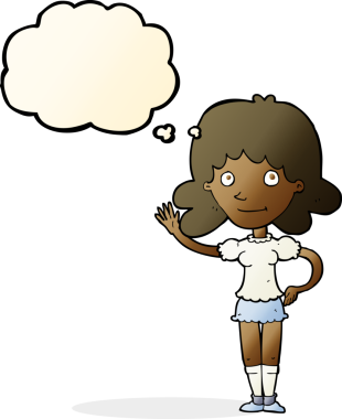 Bir insan tarafından çizilmiş düşünce baloncuğuyla el sallayan çizgi film kadını.