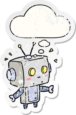 Düşünce baloncuğu olan karikatür robotu bir insan tarafından çizilmiş yıpranmış bir çıkartma.