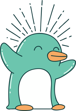 Bir insan tarafından çizilmiş geleneksel dövme stili mutlu penguen çizimi