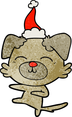 Bir insan tarafından çizilmiş Noel Baba şapkası giyen bir köpeğin el çizimi karikatürü.