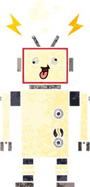 Bir insan tarafından çizilmiş çatlak bir robotun retro çizim tarzı karikatürü.