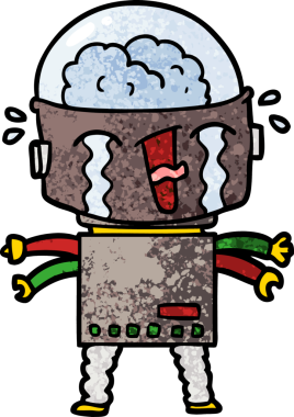 Bir insan tarafından çizilmiş ağlayan robot çizgi film.