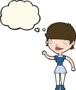 Bir insan tarafından çizilmiş düşünce baloncuğu fikri olan karikatür kadın.