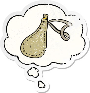 İnsan tarafından çizilmiş yıpranmış bir çıkartma gibi düşünce balonlu çizgi film su çuvalı.