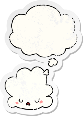 Düşünce baloncuğu olan sevimli çizgi film bulutu bir insan tarafından çizilmiş yıpranmış bir çıkartma gibi.
