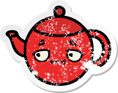 Bir insan tarafından çizilmiş şirin bir karikatür çaydanlığının sıkıntılı çıkartması.