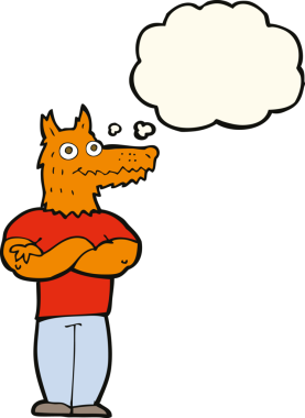 Bir insan tarafından çizilmiş düşünce balonlu tilki adam.