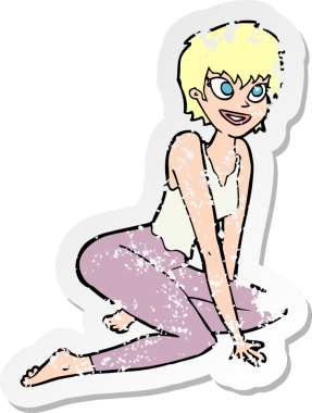 Bir insan tarafından çizilmiş yerde oturan mutlu bir karikatür çıkartması.