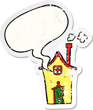 Konuşma baloncuğu olan karikatür evi bir insan tarafından çizilmiş sıkıntılı eski bir çıkartma.