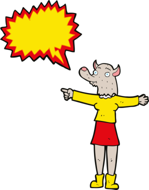 Bir insan tarafından çizilmiş konuşma balonlu kurtadam kadın çizgi filmi.