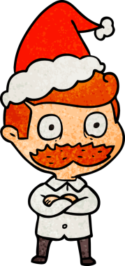 Bıyıklı bir adamın el çizimi bir insan tarafından çizilmiş Noel Baba şapkası giymesi şok edici.