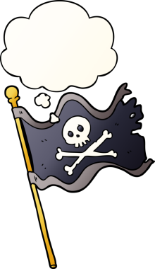 Düşünce baloncuklu karikatür korsan bayrağı bir insan tarafından çizilmiş.