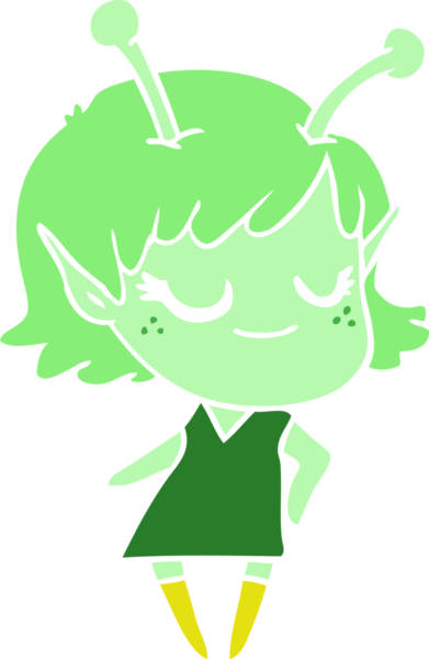 Gülümseyen uzaylı kız düz renkli çizgi film bir insan tarafından çizildi.