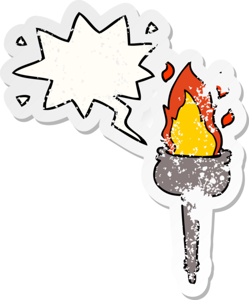 Bir insan tarafından çizilmiş, sıkıntılı, eski bir çıkartma olan, konuşma baloncuklu alevli kadeh.